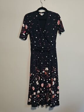 Boden Navy Midi Wrap Dress with Pink and White Floral Print